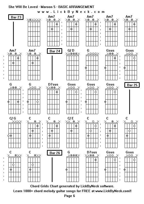 Chord Grids Chart of chord melody fingerstyle guitar song-She Will Be Loved - Maroon 5 - BASIC ARRANGEMENT,generated by LickByNeck software.